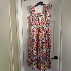 White Floral Midi Dress with Ruffled Straps